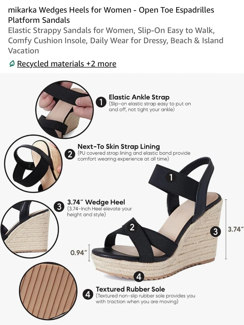 Mikarka Black Espadrille Wedge Sandals for Women